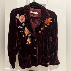 Johnny Was velour size M medium burgundy embroidered blazer jacket coat